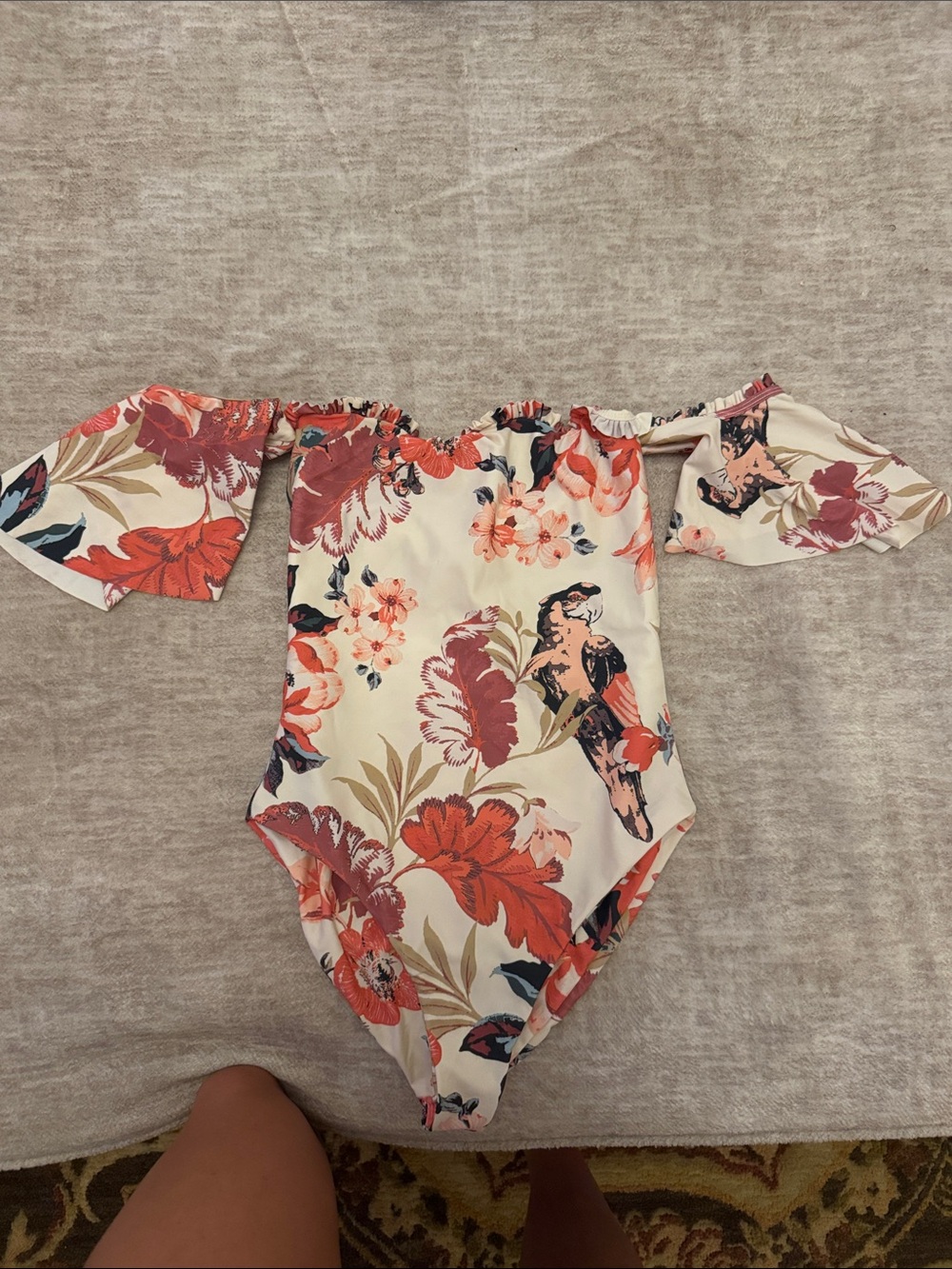 Floral Off-Shoulder One-Piece Swimsuit - Cream & Coral Floral